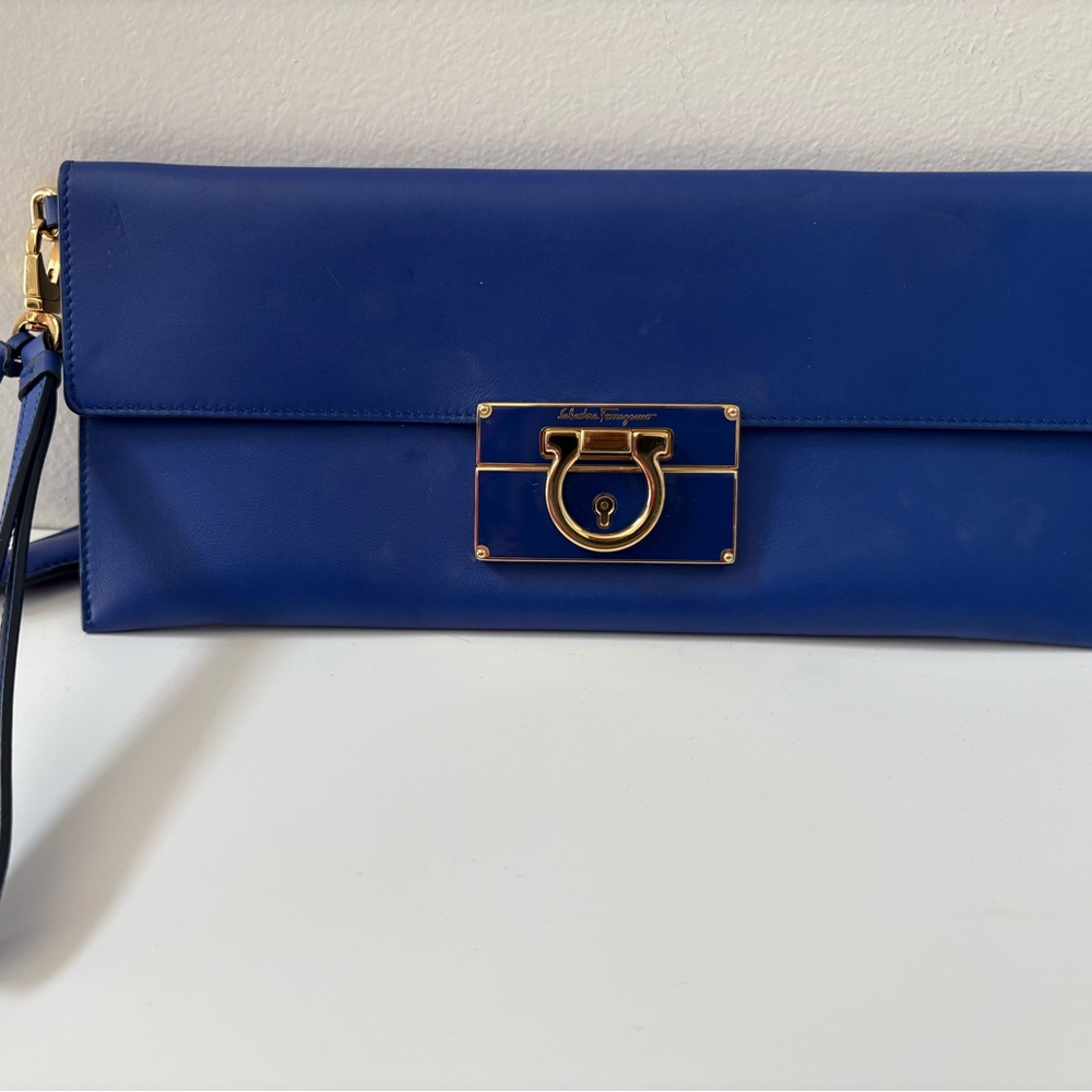 Salvatore Ferragamo Royal Blue Clutch with Gold Accents